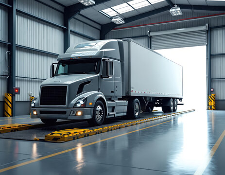 Gray semi-trailer truck positions on truck scales inside industrial facility. Vehicle weighs cargo before transport. Logistics, freight management, commercial transport, weigh station operations