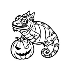 A curious chameleon with large eyes rests its clawed foot on a carved Halloween pumpkin, depicted in a black and white cartoon illustration style.