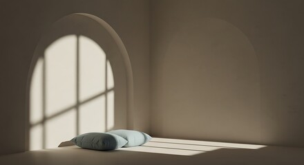 Calm minimalist room corner with sunlight streaming through an arched window, casting a beautiful shadow