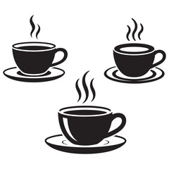 Three Cups of Hot Coffee or Tea Black and White Vector Graphic Illustration for Cafe Menu Design