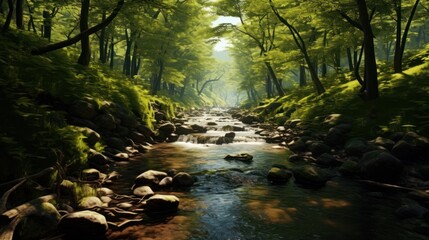 Obraz premium lush green forest, tranquil flowing stream, mossy rocks, dense foliage, dappled sunlight, serene landscape, magical atmosphere, dreamlike, cinematic, highly detailed, 8k, photorealistic 