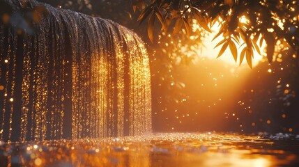 Golden waterfall cascading in sunlit forest