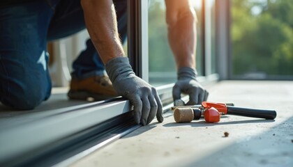 Worker installs sliding glass door. Man in gloves uses tool to fit frame. Renovation project shows home improvement, house building and construction process.
