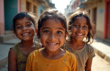 Three smiling Indian children pose together outdoors on sunny day. Young girls, with dark hair, warm smiles, appear happy, joyful in casual clothing. Faces central focus, conveying innocence,