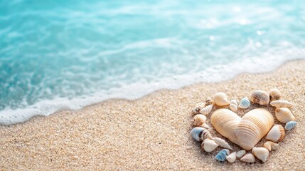 Summer focus on seashells and small pebbles arranged in a heart shape on the shore.