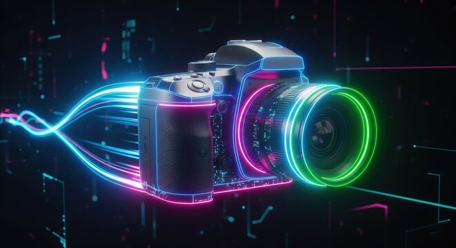 Futuristic Neon DSLR Camera – HD Photographer Wallpaper, World Photography Day Concept Art