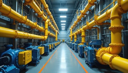 Industrial plant interior extensive yellow piping systems, blue machinery. Long corridor with metal components, industrial equipment provides view of manufacturing process, complex infrastructure.