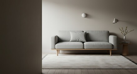 Scandinavian style living room interior with a gray sofa on a plush rug. A bright, minimalist and comfortable home design concept.