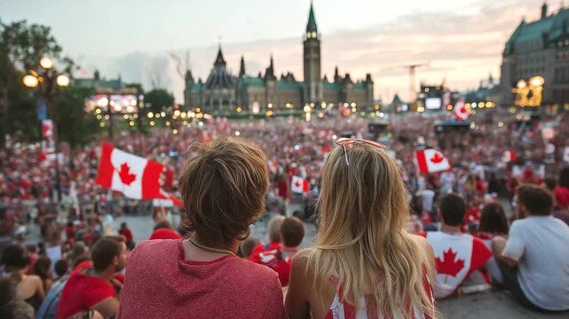 lively scene from Canada Day celebrations on July 1st, with people in red and white gathered around Parliament Hill in Ottawa, watching the Royal Canadian Air Force flyover