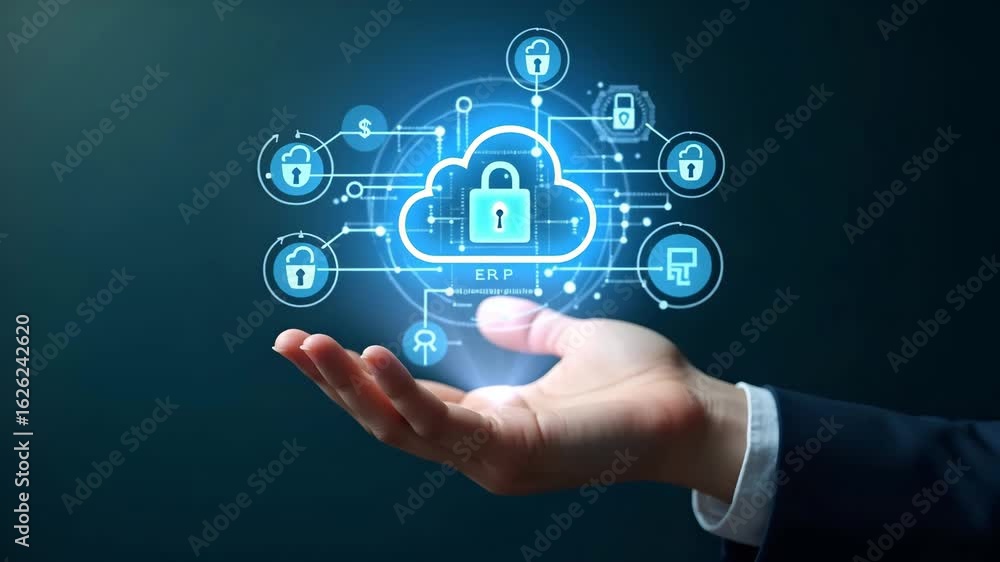 Poster flat hand holding holographic security icon for erp software security in cloud setup - minimal backg