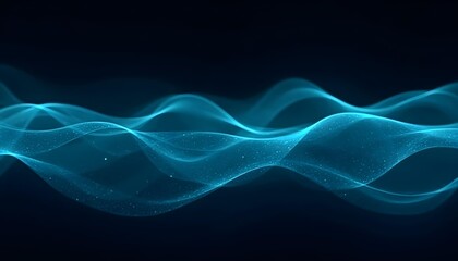 Digital wave patterns flowing across a dark background, illuminated with neon blue and teal colors, smooth and dynamic technology theme .