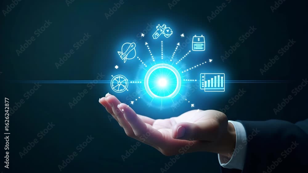 Poster flat hand using holographic expense tracking tools for profit and loss analysis - simple vector illu
