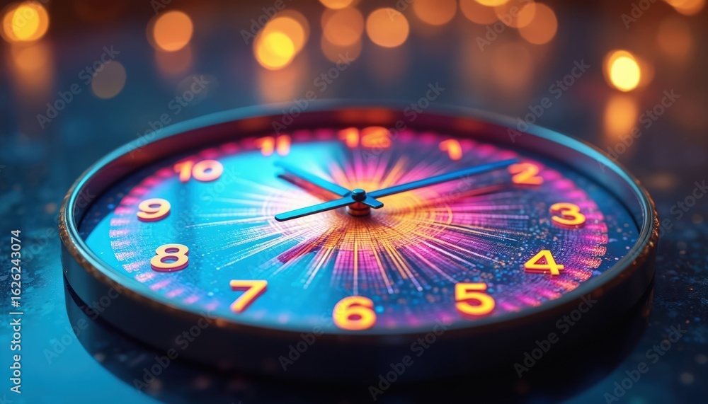 Poster vibrant clock face digital mosaic art with rainbow color pattern. futuristic design with glowing num