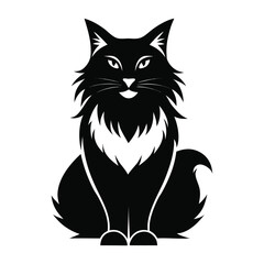 Fluffy Cat Sitting Black and White Illustration