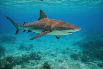 Obraz premium A powerful grey shark gracefully swims through the sunlit, crystal-clear turquoise waters of a tropical ocean reef