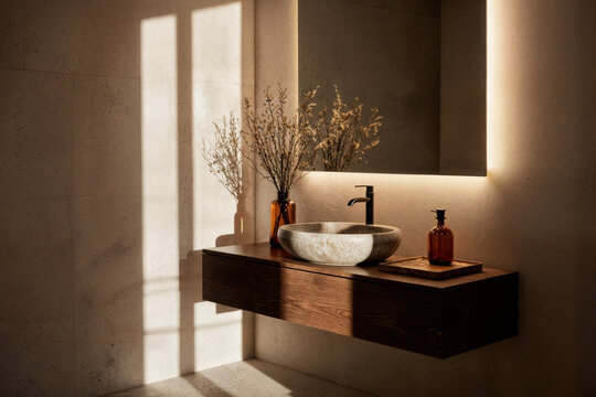 An organic modern bathroom with a carved stone vanity, a floating walnut vanity, and an amber finish for an autumnal vibe.