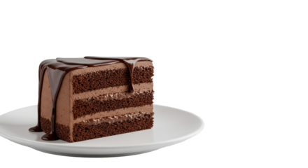 A single, ultra-detailed slice of multi-layered chocolate cake with creamy filling and glossy ganache drizzle on a transparent plate, soft bokeh background, conveying irresistible indulgence