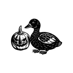 A vintage-style black and white illustration depicting a duck beside a spooky carved Halloween pumpkin.