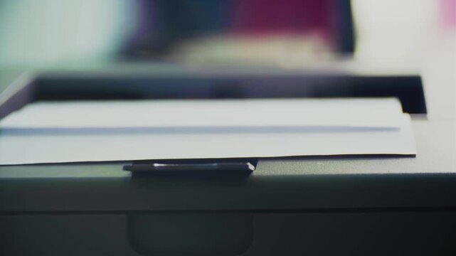 A close-up printer prints on a computer