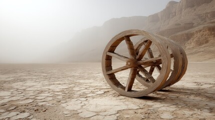 Fototapeta premium Aged wooden wheels in a dusty desert landscape