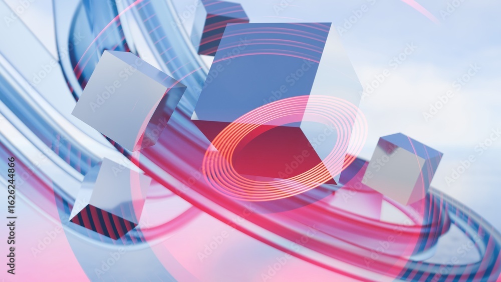 Poster an abstract illustration featuring a cube floating in digital space. the dominant colors are blue an