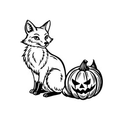 Black and white illustration of a sitting fox next to a carved Halloween pumpkin.