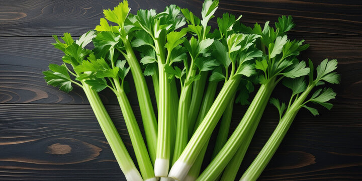 Fresh green celery stalks with leafy tops leaves