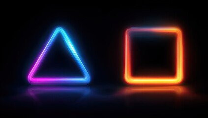 Neon triangle and square graphic design.  Vibrant, glowing shapes on a black background with reflections