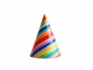 Vibrant striped conical birthday hat celebrating a festive occasion centered alone on transparent background silhouette
