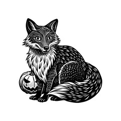 A stylized black and white illustration of a fox with detailed fur textures, sitting calmly next to a small Halloween pumpkin.