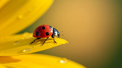 Obraz premium Tiny ladybug explores bright yellow petal adorned with morning dew drops, capturing delicate nature's beauty