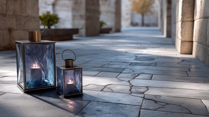 Two blue glass lanterns on a stone walkway