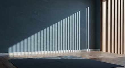 Modern empty room interior with sunlight casting striped shadows on a dark wall and wooden floor. Minimalist architectural background.