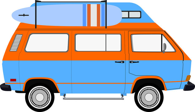  surf van with surfboard , retro camper van with a surf theme