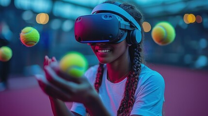 Woman wearing VR headset, playing tennis in virtual reality