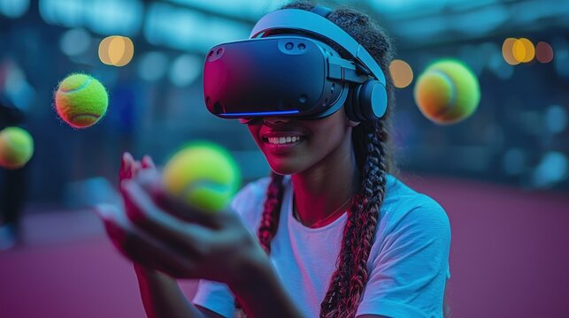 Woman wearing VR headset, playing tennis in virtual reality