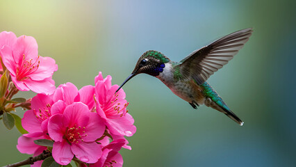 Naklejka premium Captivating hummingbird sips nectar from vibrant pink azalea bloom in stunning macro detail