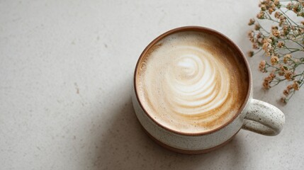 A cappuccino with latte art sits beside delicate baby's breath flowers on a textured neutral surface, offe a calming and aesthetically pleasing coffee break scene.