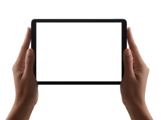 Hands holding black tablet with blank white screen
