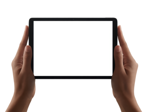 Hands holding black tablet with blank white screen

