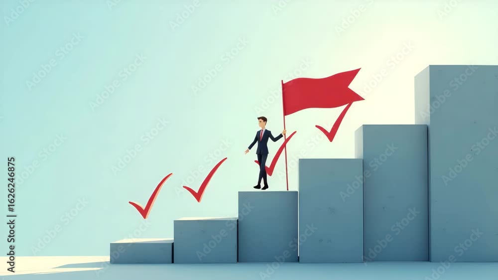 Poster business success: step-by-step goal achievement with checkmarks on a virtual staircase - planning pr