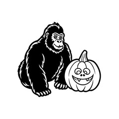A cartoon gorilla sits next to a smiling Halloween pumpkin in a black and white illustration.