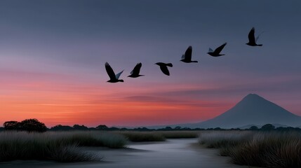 Obraz premium Silhouetted birds fly over a tranquil marsh at sunrise. Lush grass, a flowing creek, and a distant mountain