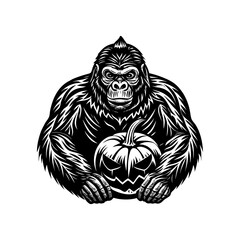 A monochrome vector illustration of a gorilla holding a carved Halloween pumpkin with a menacing expression.
