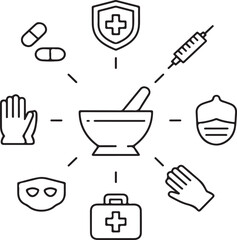 Pharmacist and Healthcare Protection Line Icons — Medicine, Safety, and Care SymbolsPharmacist and Healthcare Protection Line Icons — Medicine, Safety, and Care Symbols