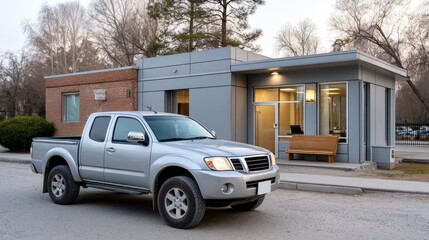 Silver pickup truck parked in front of modern, light gray building