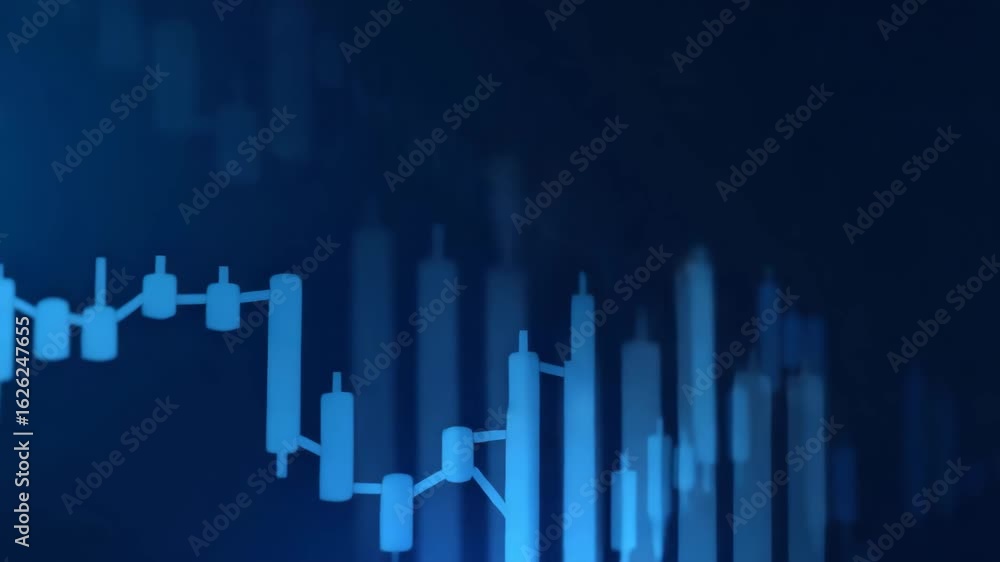 Poster stock market candlestick graph: investment trading data with bullish points & trend on blue backgrou