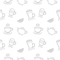 Coffee and tea drinks, seamless pattern, hand drawing, vector illustration