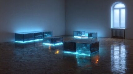 Modern, glowing glass cubes in a room