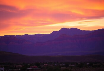 Obraz premium Fiery sunset paints Sandia Mountains in vibrant orange and pink hues, tranquil New Mexico landscape, gradation, albuquerque